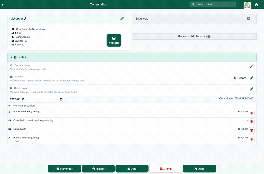 Animation of a vet writing up consultation notes in FastVet and finishing the visit, which raises the invoice.