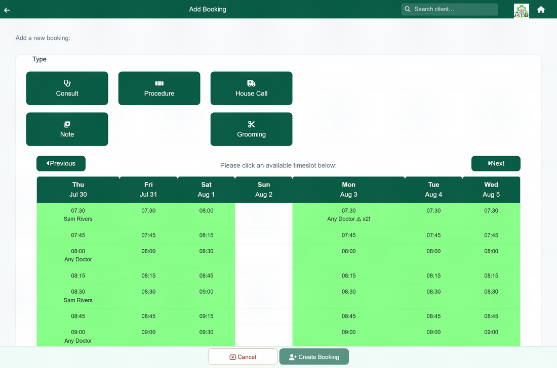 Animation of making an appointment in FastVet: choosing the type and reason, picking a free slot, then selecting the client and patient.