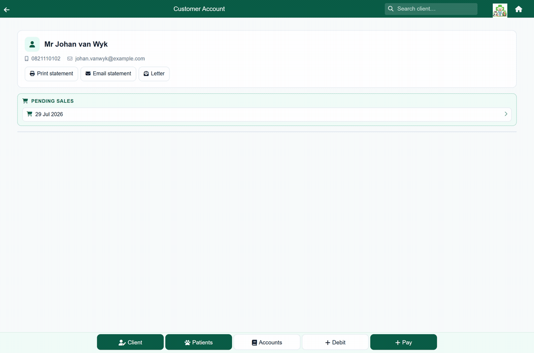 Animation of taking a payment against a client's account in FastVet and the balance updating.