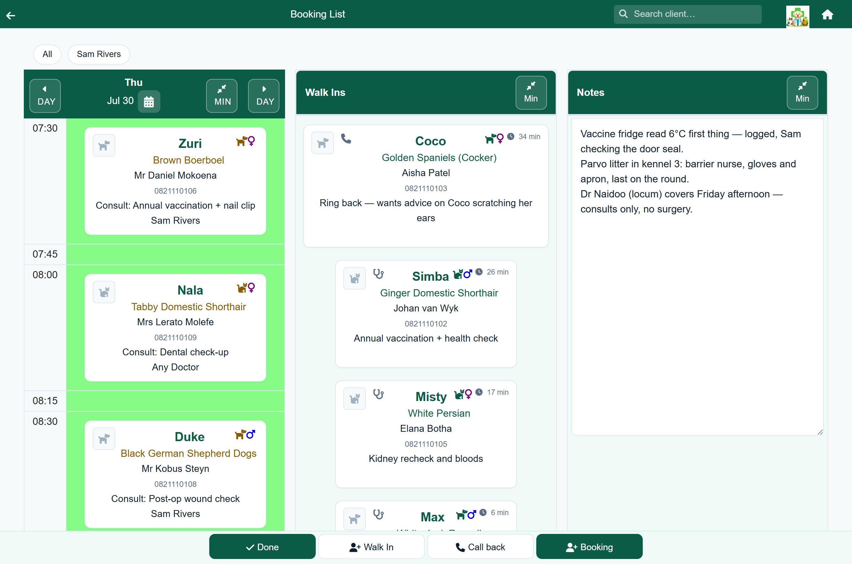 The FastVet booking day view with a column of time slots, a walk-ins panel and a notes panel.