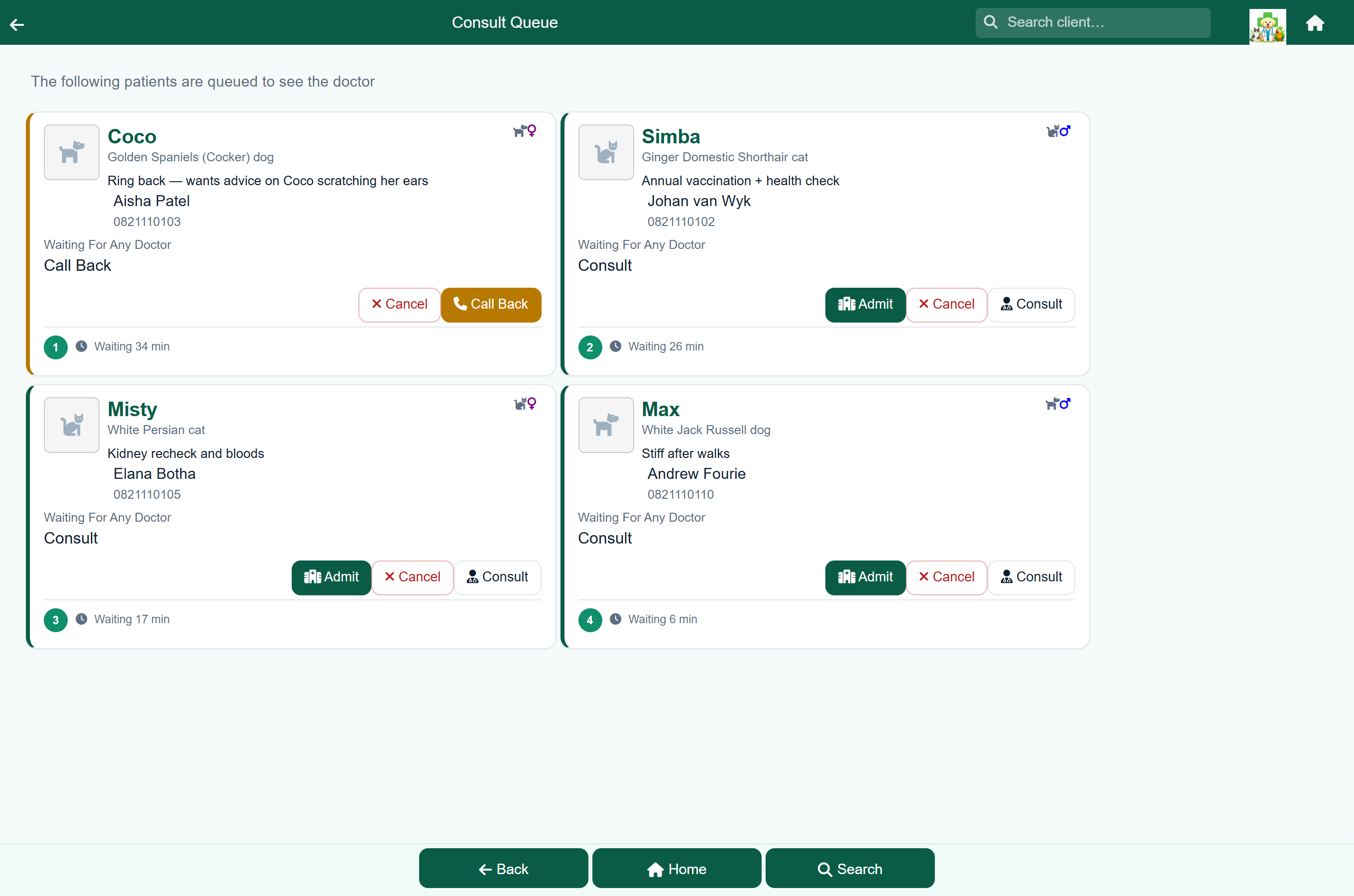 The FastVet consult queue showing four waiting patients, each with the reason for the visit, how long they have waited, and Admit, Cancel and Consult actions.
