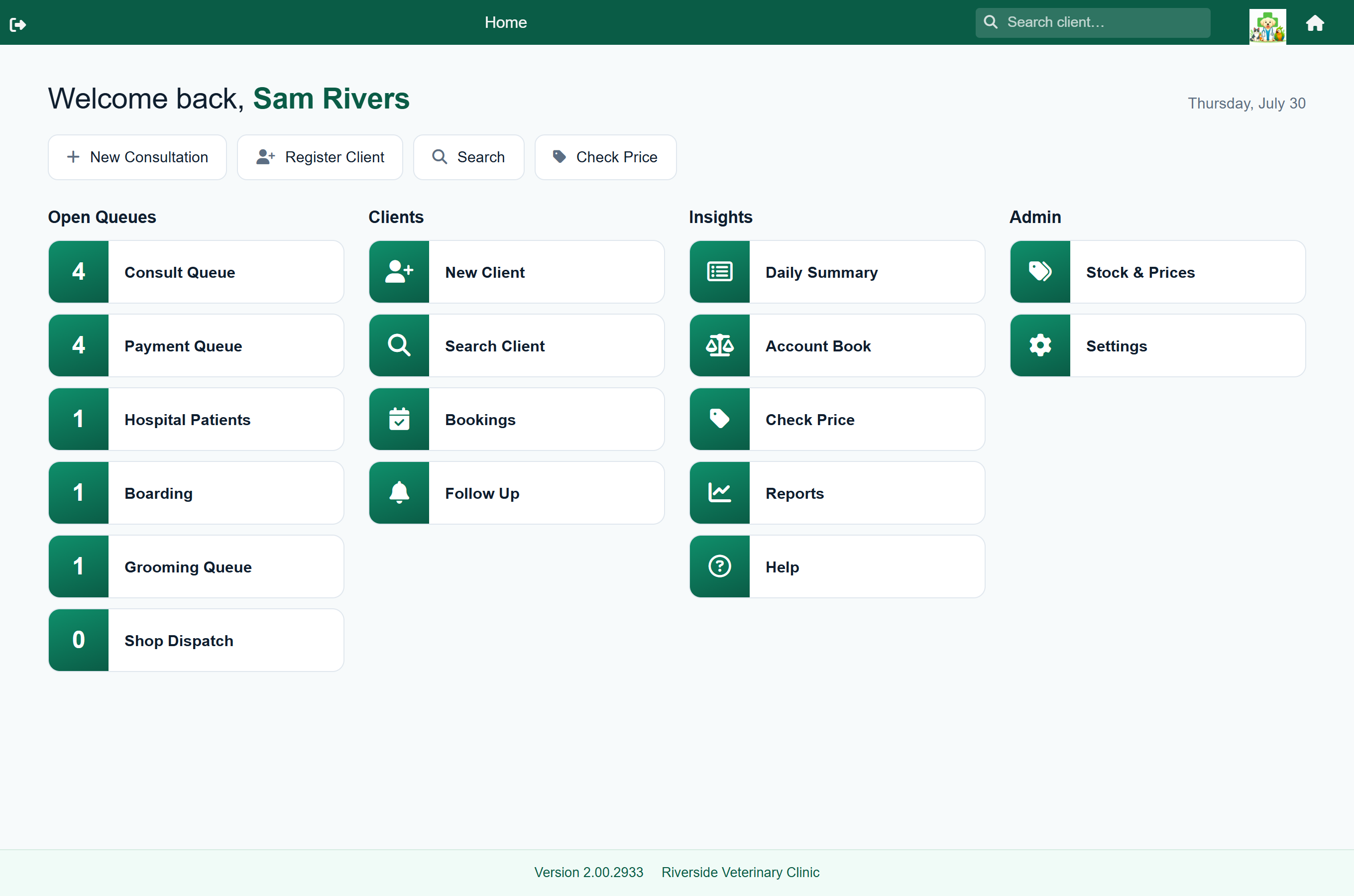 The FastVet dashboard on a desktop browser, laid out in columns.