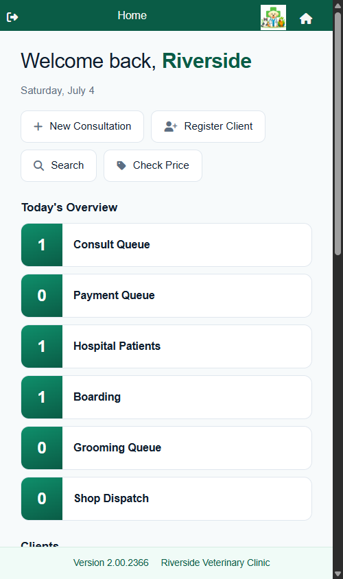 The same FastVet dashboard on a phone, reflowed to a single column.