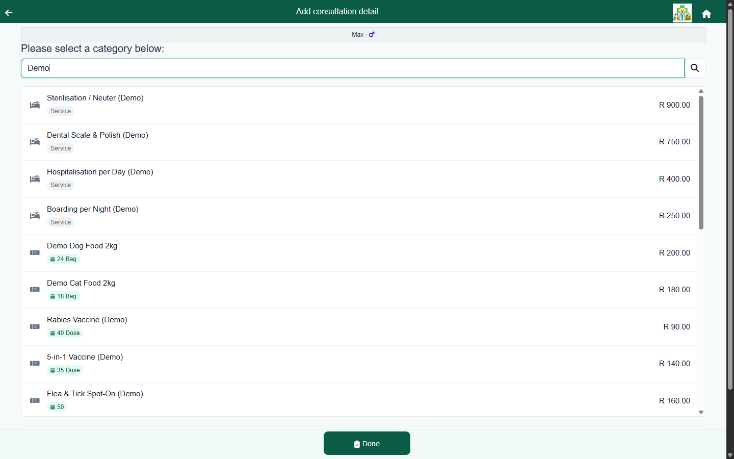 The FastVet price picker showing catalogue items with live stock badges and prices while billing a consultation.