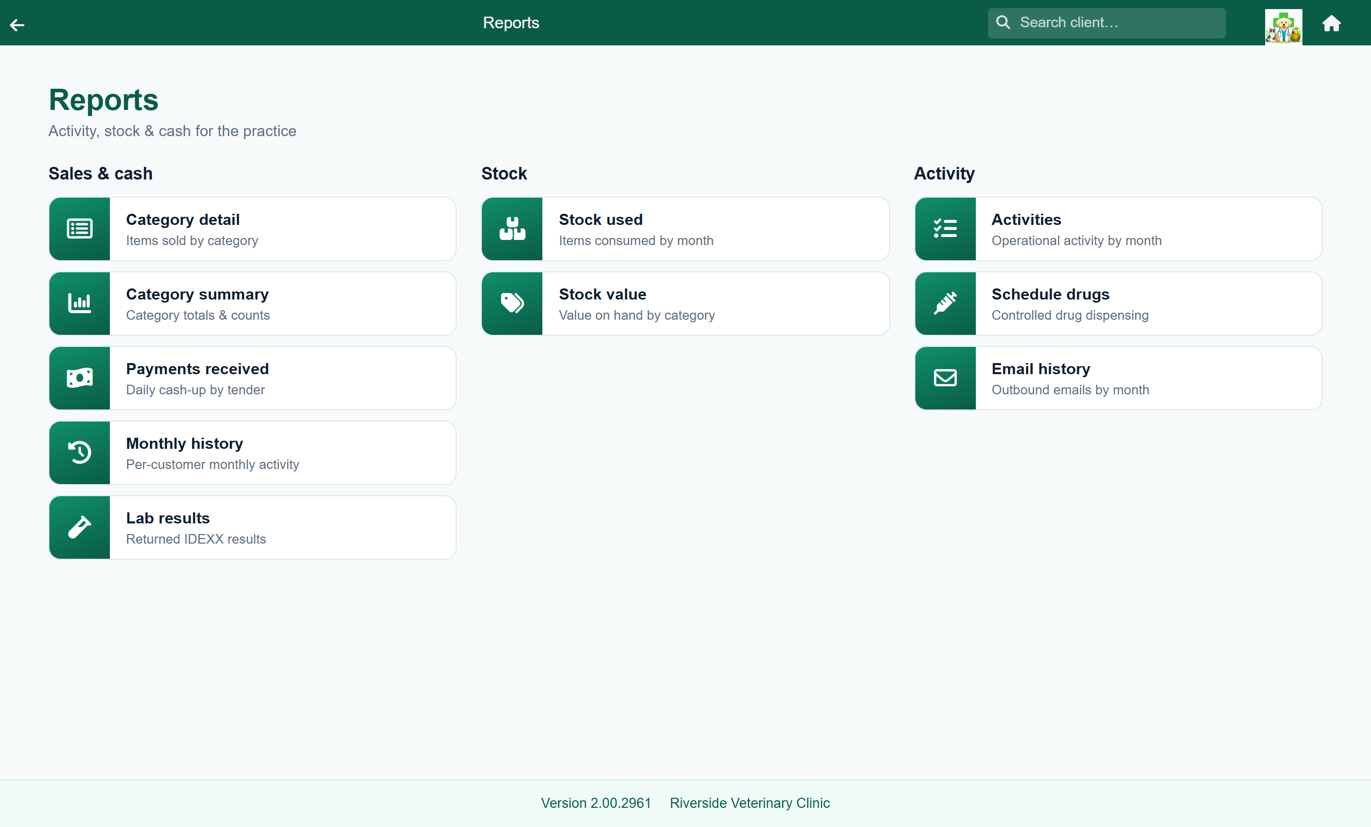 The FastVet reports hub, with reports grouped into Sales & cash, Stock and Activity.