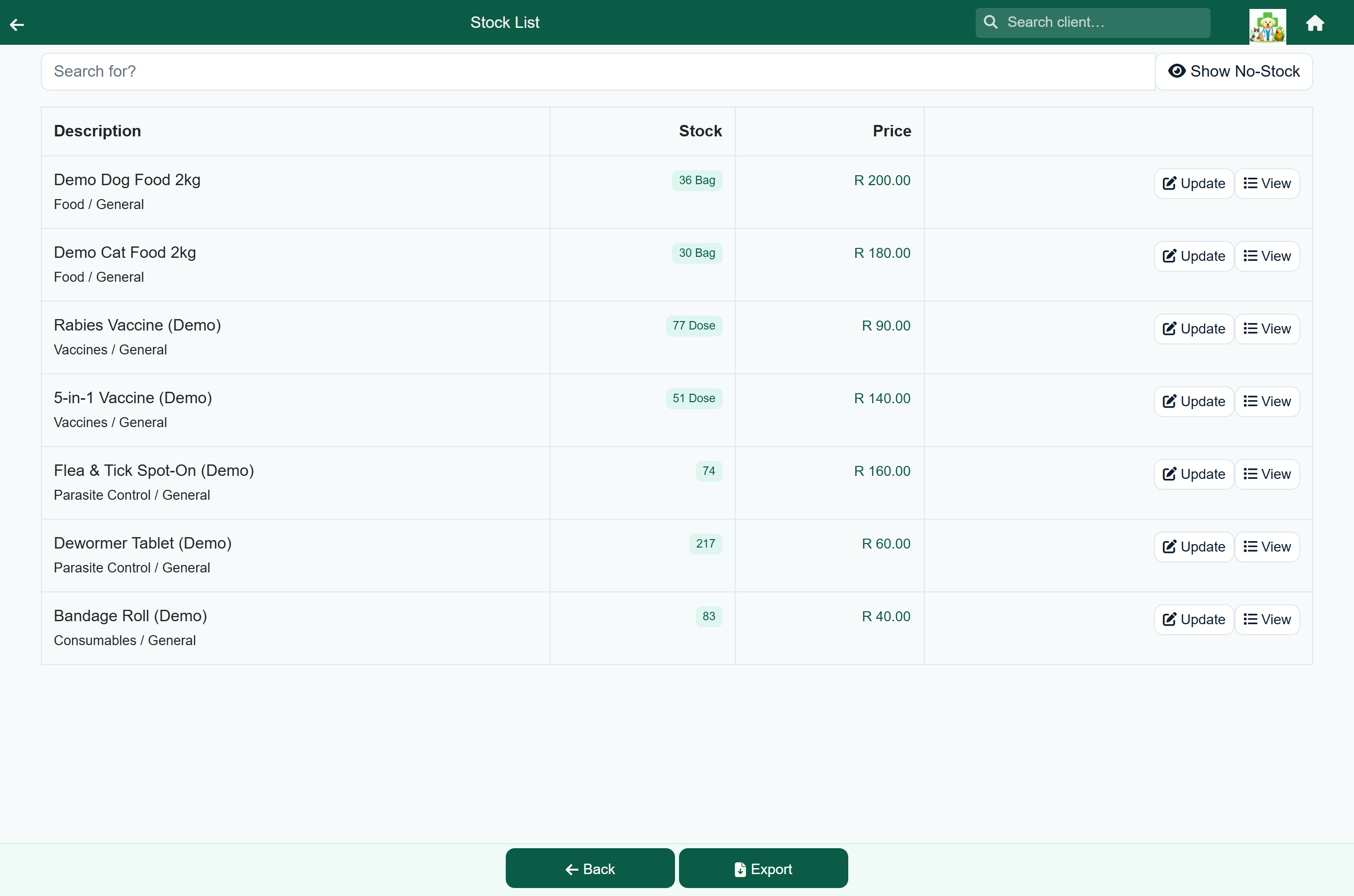 The FastVet stock list showing items with on-hand quantities, stock badges and prices.